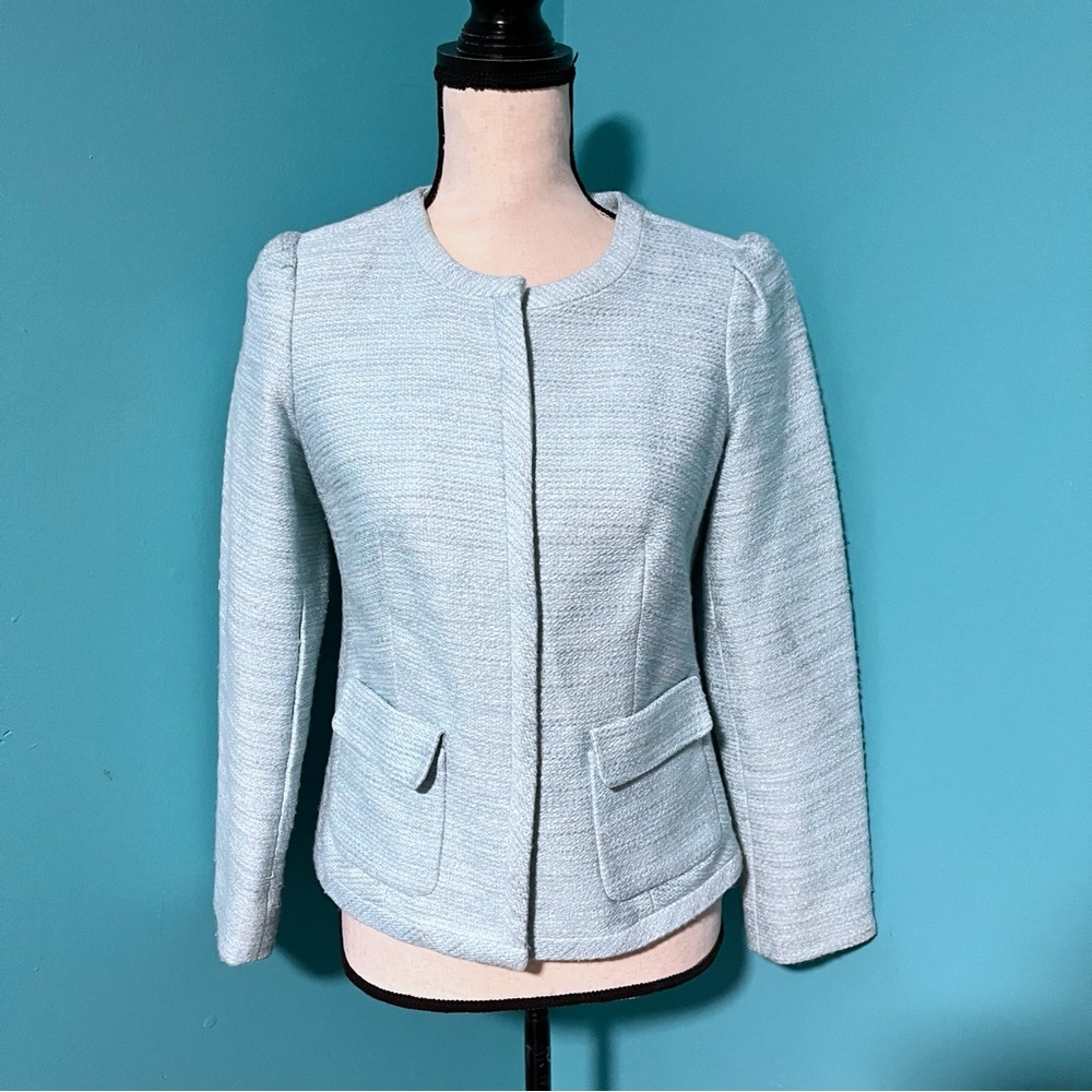 Talbots 4P Light Blue Metallic Silver Tweed Puff Sleeve Snap Button Blazer
